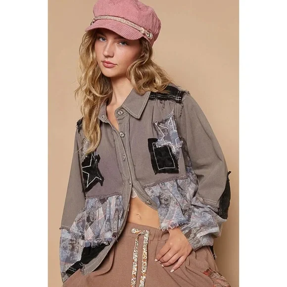 🧣 POL “ Party Like A Rockstar “ Vintage Patch Plaid Jacket | Charcoal - Picture 2 of 2